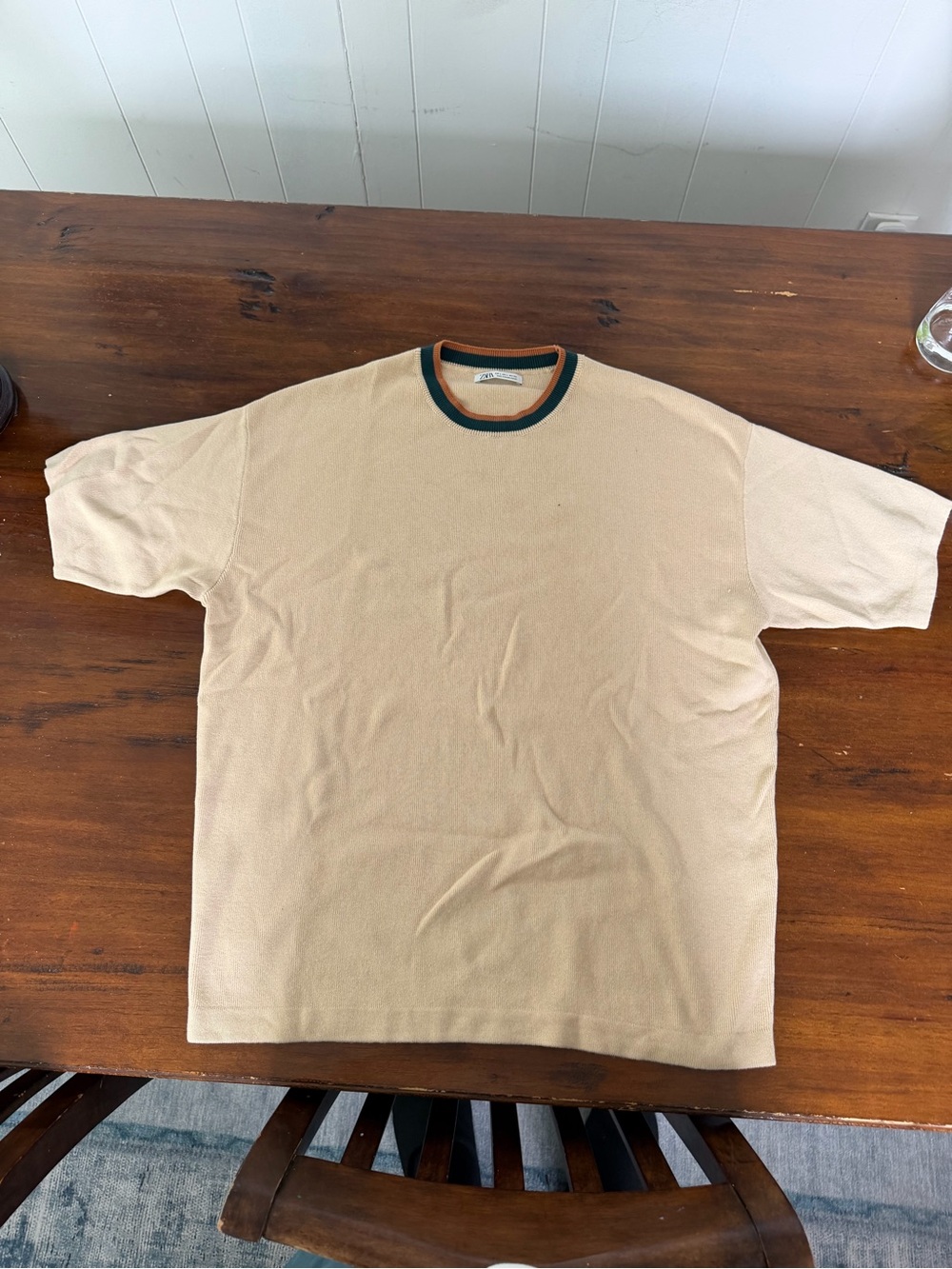 Zara Beige Short Sleeve Crewneck Tee with Dark Green & Rust Trim